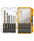DEWALT 14-piece cobalt drill bit set with pilot point in yellow case, front view
