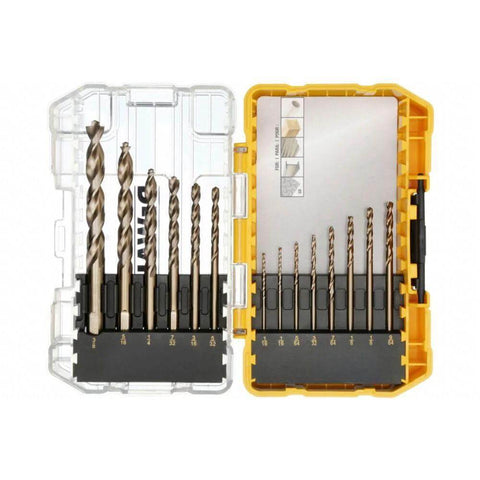DEWALT 14-piece cobalt drill bit set with pilot point in yellow case, front view