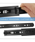Heavy Duty Black Bottom Mounted Drawer Slides Featuring A Stealth Concealed Undermount Build With Tough As Nails Steel Construction, detailing disassembly clip.