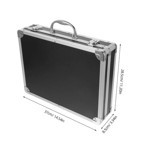 Slick Aluminum Alloy Toolbox Briefcase With Heavy Duty Hard Shell Design For Hand Tools Camera Gear And Tech Essentials Portable Equipment Rig For Pros On The Go, showing dimensions 37cm x 28.5cm.