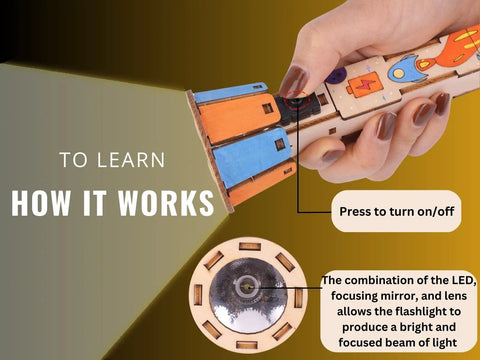 DIY Wooden Flashlight STEM Kit For Kids Aged 8 To 12 Battery Operated Educational Science Project With Built In Switch Hands On Learn Basic Circuits And Build A Real Working Flashlight, wooden flashlight close-up with on/off switch and LED lens