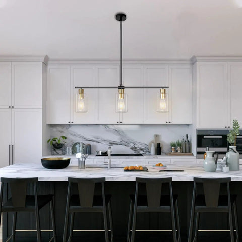 Three Light Linear Farmhouse Kitchen Island Lighting In Black And Gold Finish With Glass Shades above modern kitchen island.