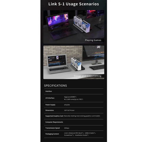 Link S-1 external GPU enclosure Thunderbolt 3 Plus 4 docking station used for gaming and video editing on laptops.