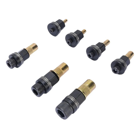 Game Changing Hand Rivet Nut Tool Kit With Seven Tough As Nails Nutsert Setter Sizes From M3 Up To M10 For Quick Sheet Metal Fixes and Heavy Duty Garage Builds, showing black and gold nutserts.