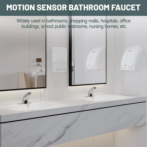 Hands Free No Touch Bathroom Sink Faucet With Motion Sensor And Temperature Control Automatic Sensor Vanity Faucet With Control Box Modern Chrome Finish Battery Or 110V Power Option Includes Hole Cover Plate displayed in a modern restroom setting with dual sinks and mirrors.