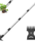 Long Handle 2 In 1 Weed Puller Tool With Garden Hoe And Weed Rake for home gardens, showing sharp hoe blade and rake head