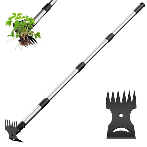 Long Handle 2 In 1 Weed Puller Tool With Garden Hoe And Weed Rake for home gardens, showing sharp hoe blade and rake head