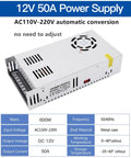 Power Up Your Rig With This 12V DC Power Supply 50A 600W Universal AC To DC Converter SMPS Adjustable Output For LED Strips CCTV Systems 3D Printers Radios And PC Projects 110V Or 220V Input showing specifications and metal casing