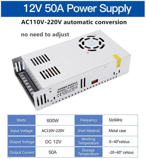 Power Up Your Rig With This 12V DC Power Supply 50A 600W Universal AC To DC Converter SMPS Adjustable Output For LED Strips CCTV Systems 3D Printers Radios And PC Projects 110V Or 220V Input showing specifications and metal casing