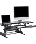 Dual Monitor Sit Stand Desk Riser 48 Inch Wide Desk Converter With 11 Height Settings Fully Assembled Spring Loaded Lift Lower Keyboard Deck Black Finish For Home Office And Workspaces