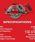 7-1/4 Inch Brushless Cordless Circular Saw Kit With Rear Handle Grip Delivers Plug-In Punch And Badass Wood Cutting Speed For Heavy Duty Framing And Clean Trim Work On Any Job Site with specifications on red background.