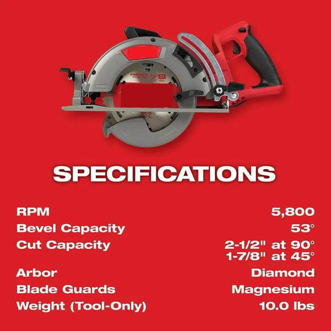 7-1/4 Inch Brushless Cordless Circular Saw Kit With Rear Handle Grip Delivers Plug-In Punch And Badass Wood Cutting Speed For Heavy Duty Framing And Clean Trim Work On Any Job Site with specifications on red background.