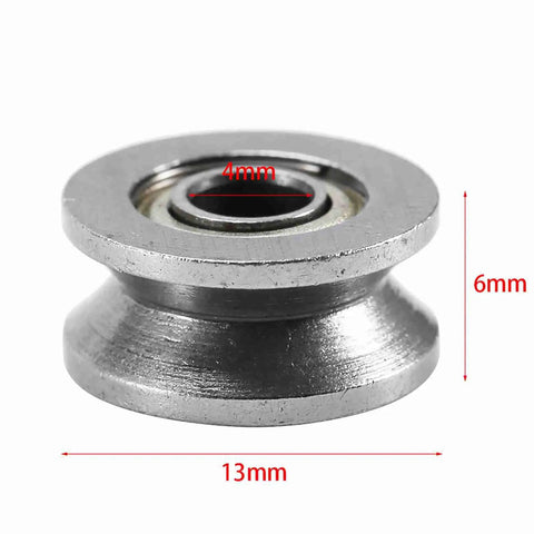 Built Like A Tank 10 Pack Carbon Steel V Groove Ball Bearings High Performance Heavy Duty Pulley Wheels For Smooth Motion System Guide Rails And Industrial Guideways 4x13x6mm side view of a 4x13x6mm carbon steel ball bearing with dimensions.