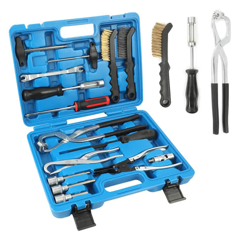 Pro Grade 15 Piece Drum And Disc Brake Tool Kit For Cars And Light Trucks With Spring Pliers Remover Compressor And Caliper Cleaning Tools Ideal For Easy Drum And Disc Brake Service in blue case displaying tools