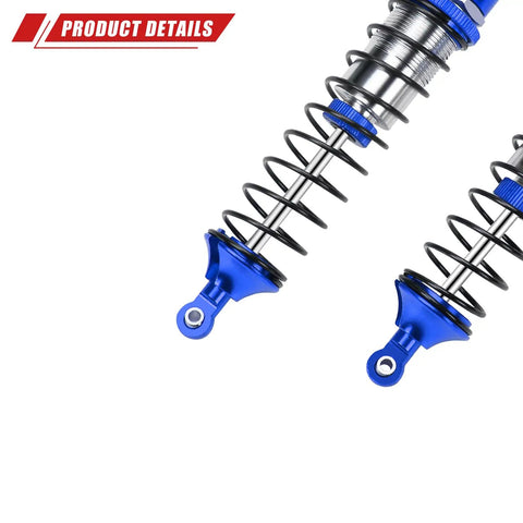Deep blue Gorgon Big Bore Shocks Set for ARRMA 1 to 10 scale RC cars, close-up showing aluminum oil-filled absorbers.