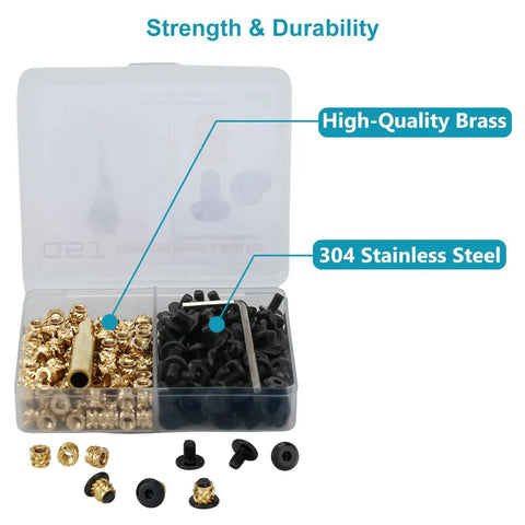 240 Piece Threaded Insert And Hex Bolt Set For DIY 3D Printing M3 Brass Heat Set Inserts And 304 Stainless Hex Socket Bolts Includes 120 M3 Inserts 120 Bolts Soldering Tip And Hex Key In A Two Compartment Organizer brass inserts and black bolts in organizer