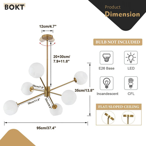 Dimensions of Six Light Modern Sputnik Chandelier Set With Milk Glass Globes For Kitchen Island Pendant Lighting In Gold White Brushed Brass Finish