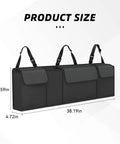Black car trunk organizer with backseat hanging storage, large capacity, waterproof PVC, heavy-duty adjustable straps size 38.19x12.59 in