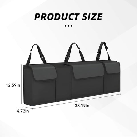 Black car trunk organizer with backseat hanging storage, large capacity, waterproof PVC, heavy-duty adjustable straps size 38.19x12.59 in