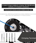 Pro Grade Deutsch Crimp Tool For DTP DT DTM Connectors With 12 16 20 Solid Contacts Heavy Duty Build Equivalent To HDT 48 00 Deutsch Crimper Handles 12 22 AWG Crimps Precision Tool For Electrical Harness Crimping close-up view.