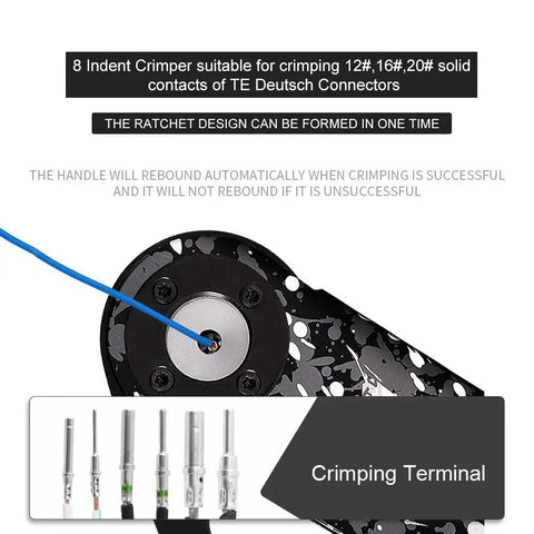 Pro Grade Deutsch Crimp Tool For DTP DT DTM Connectors With 12 16 20 Solid Contacts Heavy Duty Build Equivalent To HDT 48 00 Deutsch Crimper Handles 12 22 AWG Crimps Precision Tool For Electrical Harness Crimping close-up view.