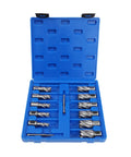 Built Tough Hss Annular Cutter Set With 13 Piece Ring Cutting Tools in blue case, showing metal hole cutting tools and guide pins.