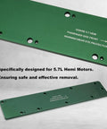 Dodge 5.7L Hemi Exhaust Manifold Template Removal Tool Set showing green base plate with engraved safety instructions.