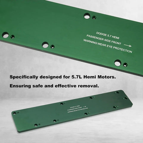 Dodge 5.7L Hemi Exhaust Manifold Template Removal Tool Set showing green base plate with engraved safety instructions.
