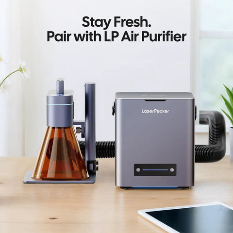 LP Air Purifier with glass container on wooden desk, text reads 'Stay Fresh. Pair with LP Air Purifier'.
