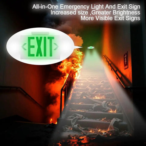 LED Emergency Light And Exit Sign Combo With Back Up Battery Green Exit Sign UL Certified for stairway safety