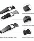 Heavy Duty Spring Toggle Latch For Toolboxes And Storage Cases Solid Iron With Electro Plating To Keep Doors Secure On Vibrating Trucks close-up of durable black finish with spring mechanism.