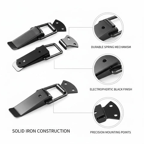 Heavy Duty Spring Toggle Latch For Toolboxes And Storage Cases Solid Iron With Electro Plating To Keep Doors Secure On Vibrating Trucks close-up of durable black finish with spring mechanism.