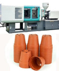Top Shelf Hydraulic Plastic Injection Molding Machine For Heavy Duty Commercial Production Supporting Multi Material Processing For Office Chairs And Household Goods Manufacturing with stacked orange plastic pots.