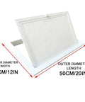 Heavy Duty Aluminum Alloy Attic Access Door With Slick Paintable White Finish And Rock Solid Twist Latch For Easy Peasy Ceiling Hatch Install And Quick Emergency Access Throughout Your House, shown at angle with size dimensions.
