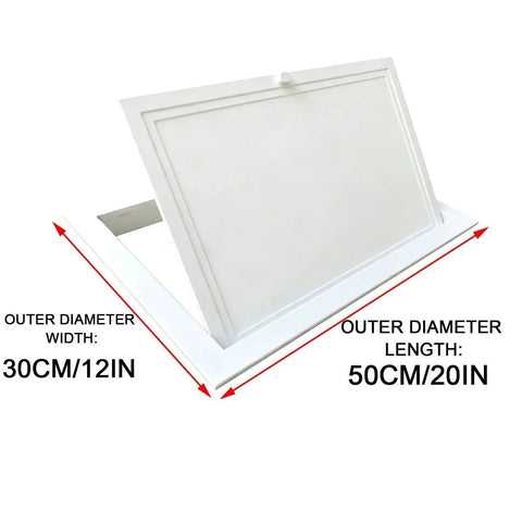 Heavy Duty Aluminum Alloy Attic Access Door With Slick Paintable White Finish And Rock Solid Twist Latch For Easy Peasy Ceiling Hatch Install And Quick Emergency Access Throughout Your House, shown at angle with size dimensions.