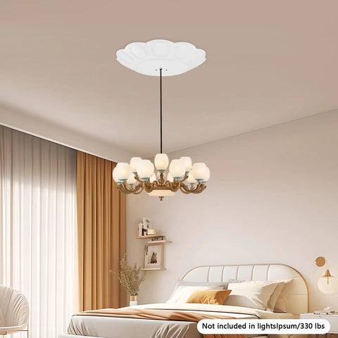 Heavy Duty White Metal Electric Hoist Lift System For Hanging Chandeliers With Cool 2-in-1 Switch, Durable 330 Lbs Load Capacity in a bedroom.