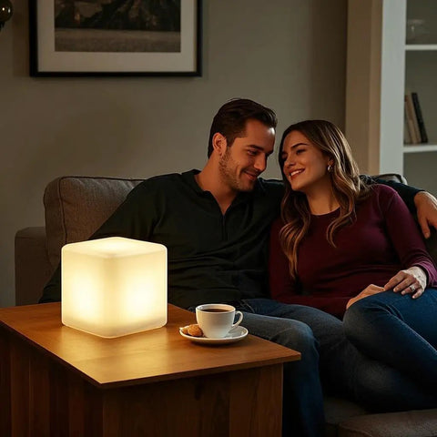 Couple enjoying cozy ambiance with Rechargeable LED Color Changing Cube Light 8 Inch Dimmable With Remote 16 RGB Colors 4 Modes Waterproof Patio Party Ambient Decorative Lamp Perfect For Home Decor And Outdoor Gatherings on table.