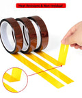 High Temperature Polyimide Masking Tape With No Residue And No Mess, shown in multiple widths with yellow adhesive, heat resistant