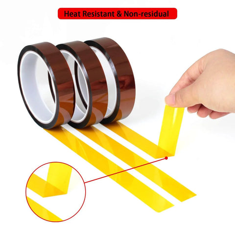 High Temperature Polyimide Masking Tape With No Residue And No Mess, shown in multiple widths with yellow adhesive, heat resistant