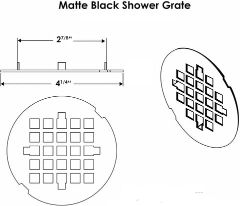 Technical drawing of Matte Black Snap In Round Shower Drain Cover Grate Strainer Replacement 4 1 4 Inch Rust Resistant Stainless Steel Easy Install No Tools Needed Durable Shower Floor Drain Grate with dimensions.