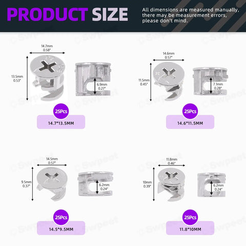 100 Piece Tough As Nails Cam Lock Furniture Connector Kit With Four Sizes for rock solid bed frame setup showing detailed sizes.