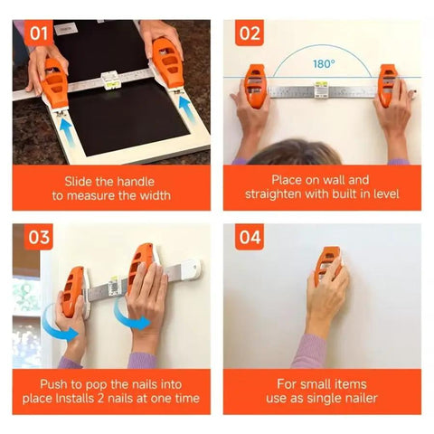 Premium 3 In 1 Picture Hanging Tool With Bubble Level Dual Plastic Rulers And Sharp Metal Push Nails For Effortless Wall Art Display Secure Frame Mounting And Never Guessing Measurements Again Like A Champ