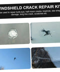 Car Windshield Repair Kit For Chips And Cracks Quick Fix Portable Auto Glass Tool With Ratcheting Screwdriver For DIY Glass Restoration And Preventing Crack Spread display showing repair results on various crack types with text description.