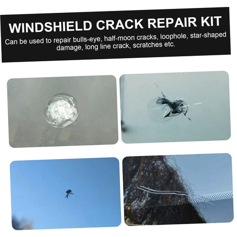 Car Windshield Repair Kit For Chips And Cracks Quick Fix Portable Auto Glass Tool With Ratcheting Screwdriver For DIY Glass Restoration And Preventing Crack Spread display showing repair results on various crack types with text description.