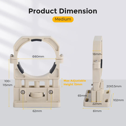 Product dimensions for Must Have Adjustable CO2 Laser Tube Mount Holder For 80mm Tubes with micro height adjustment details.