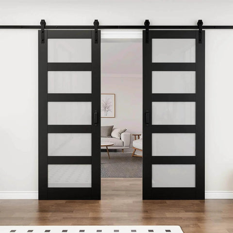 Black PVC Surface Solid Core Wood Frosted Glass Sliding Barn Door With Installation Hardware Kit 60 By 84 Inches shown installed