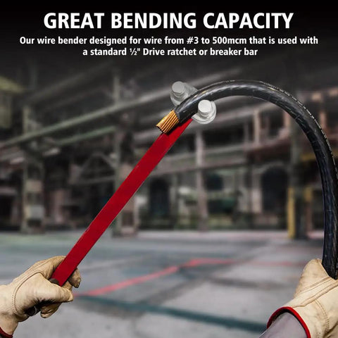 Compact Wire Bender Tool For Tight Places in use, bending a cable, attached to a one half inch ratchet for electrical work.