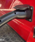 Top Shelf Ev Golf Cart Charger Cable 10 Feet Long 16 Amp 120V Plug attached to a red golf cart with detailed view of connector.