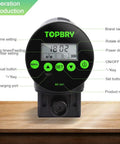 Programmable Automatic Fish Feeder With Digital Timer And Usb Rechargeable Design For Aquarium Tanks shows control panel features, buttons, and settings.