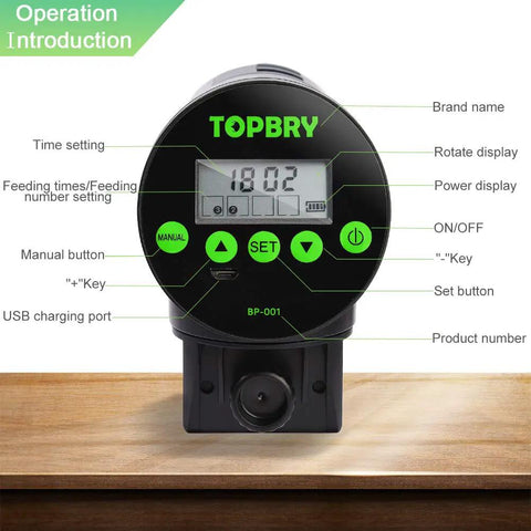 Programmable Automatic Fish Feeder With Digital Timer And Usb Rechargeable Design For Aquarium Tanks shows control panel features, buttons, and settings.